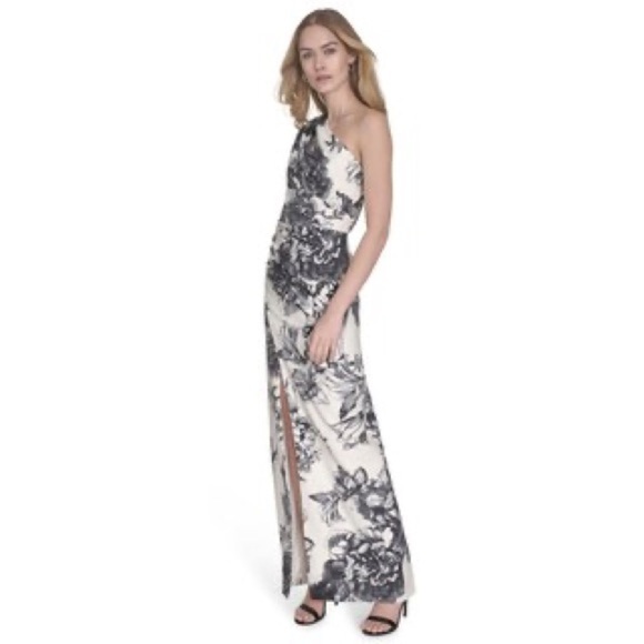 Vince Camuto One Shoulder Floral Dress in Black and White - Picture 1 of 10